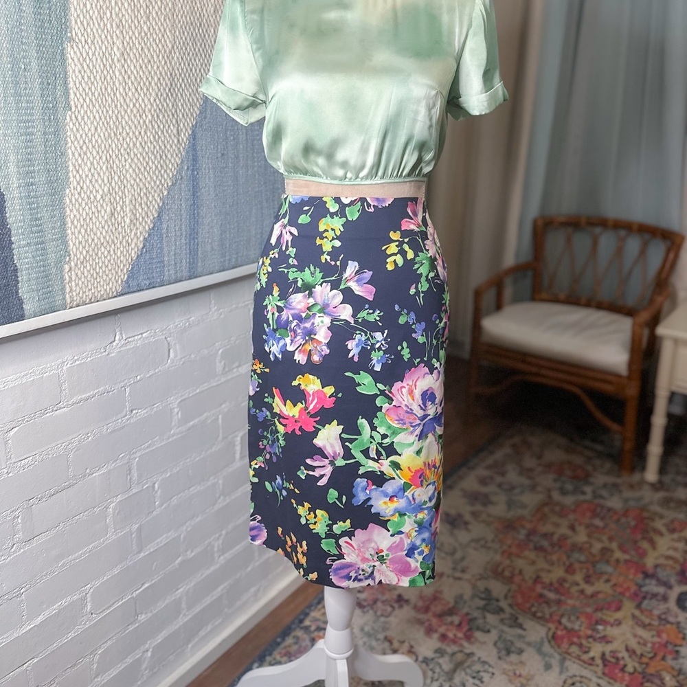 Lauren by Ralph Lauren Navy Purple and Blue Floral Pencil Skirt